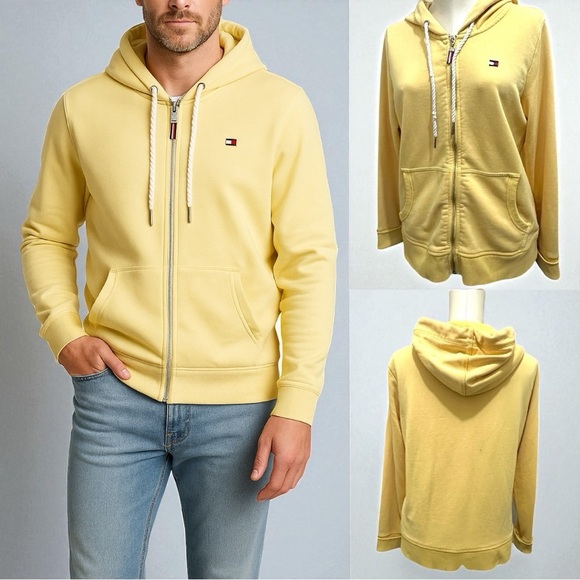 276 Tommy Hilfiger | Unisex Yellow Zip Up Hoodie Sweatshirt Jacket (Size S) - Picture 1 of 12